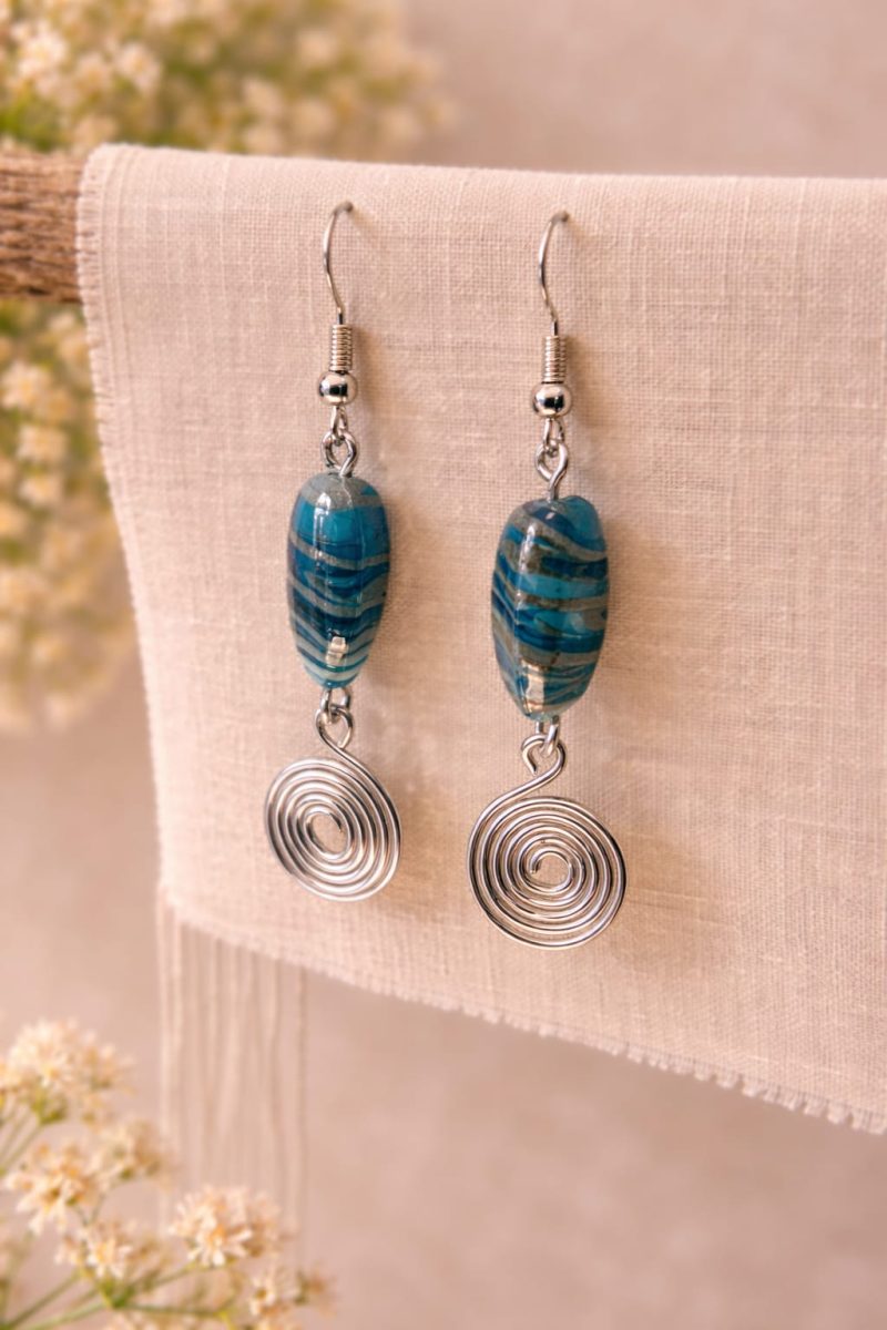 Handmade Blue Striped Swirl Wire Earrings – Aluminium & Stainless Steel
