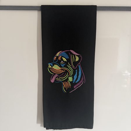 Embroidered Black Tea Towel with Neon Dog Head