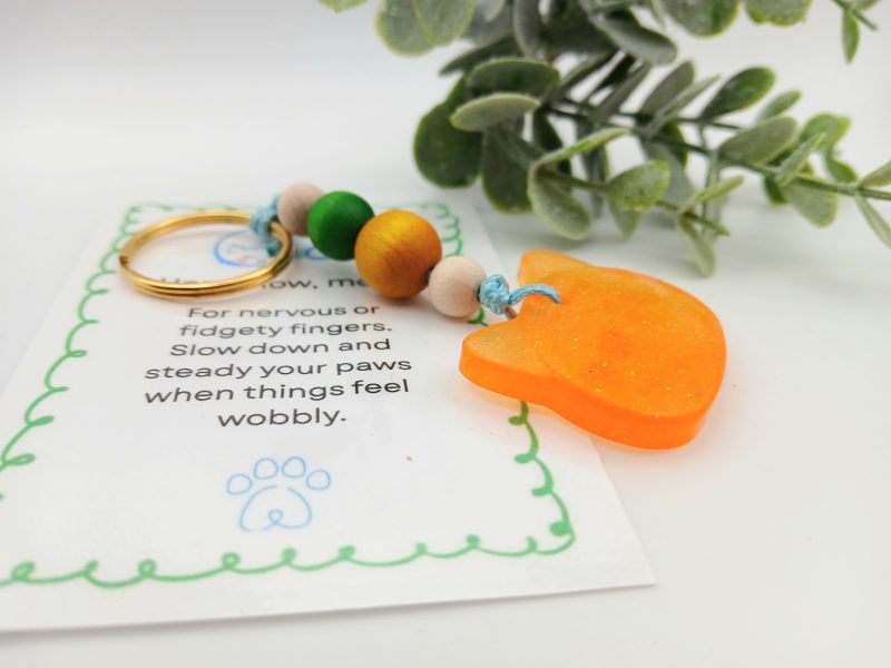 Handmade Orange Resin Cat charm on keyring with wooden beads