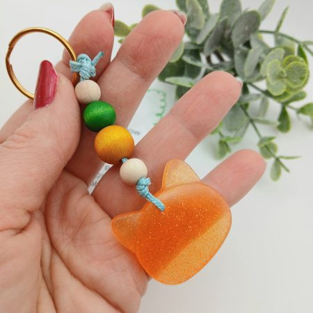 Handmade Orange Resin Cat charm on keyring with wooden beads