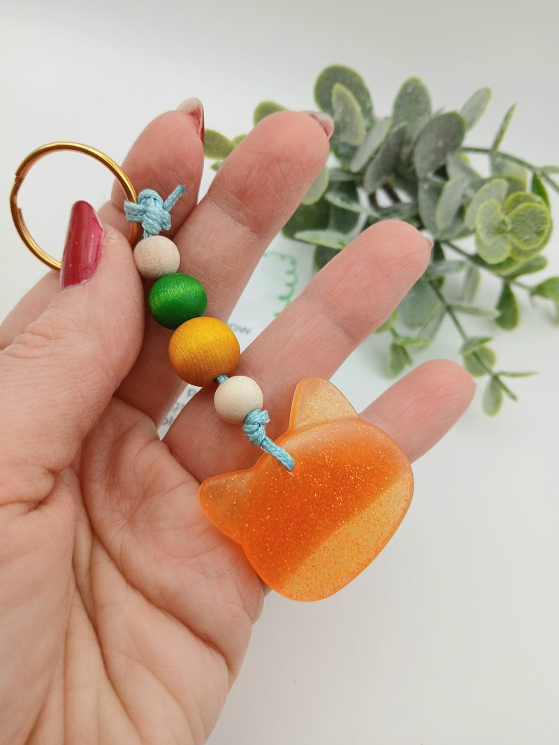 Handmade Orange Resin Cat charm on keyring with wooden beads