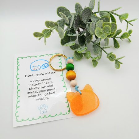 Handmade Orange Resin Cat charm on keyring with wooden beads