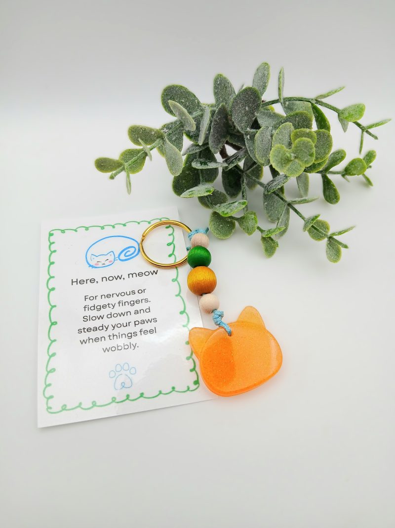 Handmade Orange Resin Cat charm on keyring with wooden beads