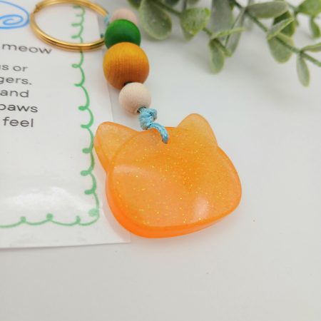 Handmade Orange Resin Cat charm on keyring with wooden beads