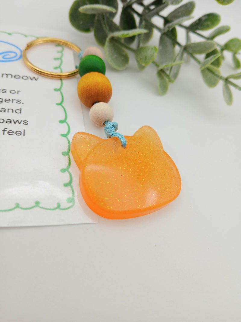 Handmade Orange Resin Cat charm on keyring with wooden beads