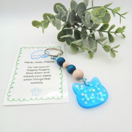 Handmade Blue Resin with stars Cat charm on keyring with wooden beads