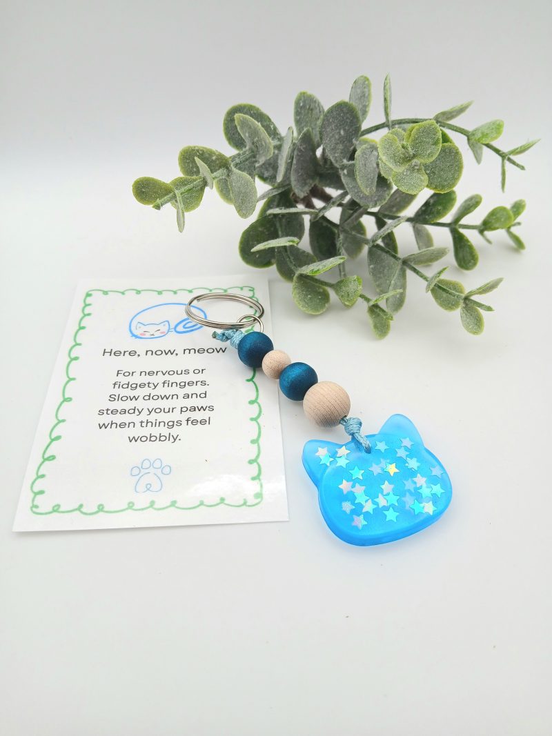 Handmade Blue Resin with stars Cat charm on keyring with wooden beads