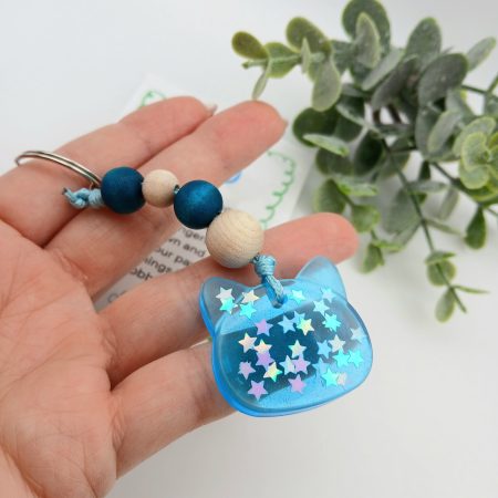 Handmade Blue Resin with stars Cat charm on keyring with wooden beads