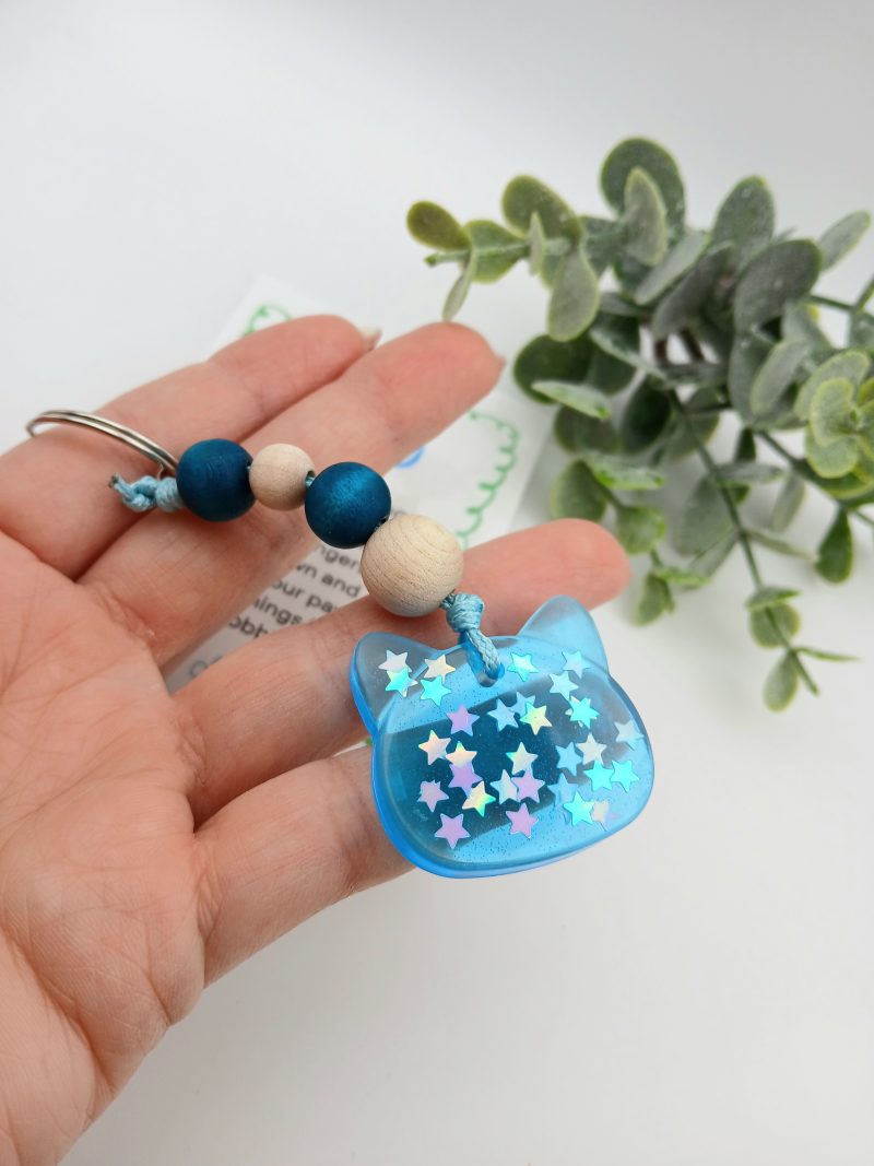 Handmade Blue Resin with stars Cat charm on keyring with wooden beads