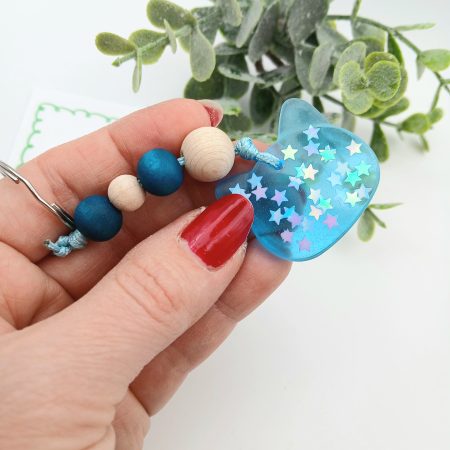 Handmade Blue Resin with stars Cat charm on keyring with wooden beads