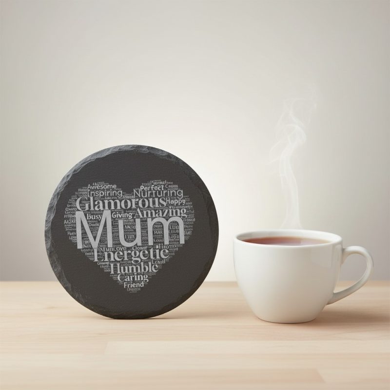 Mum word cloud round coaster