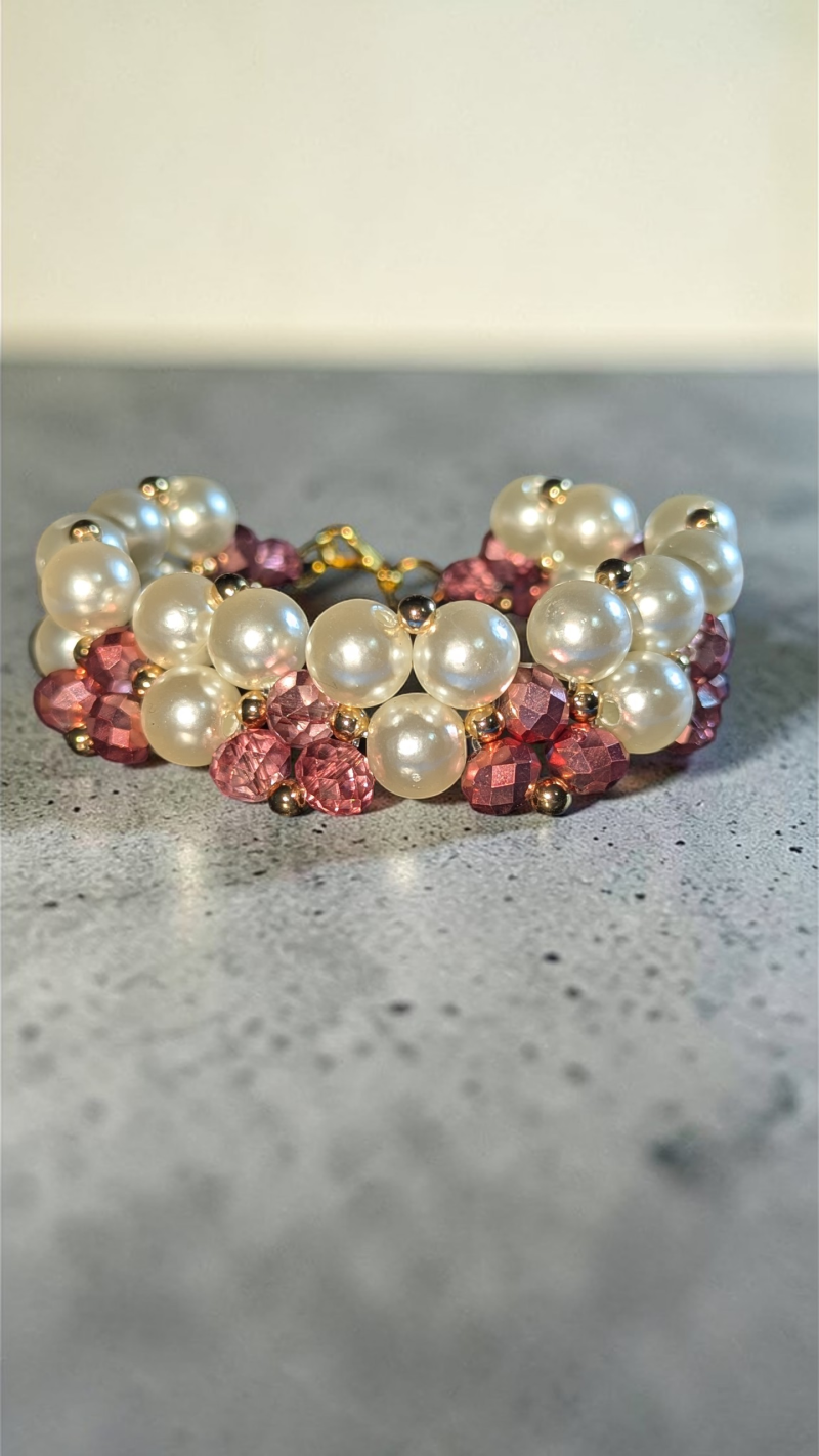 Handmade Blush Pink Crystal & Pearl Cluster Bracelet – Gold Hardware