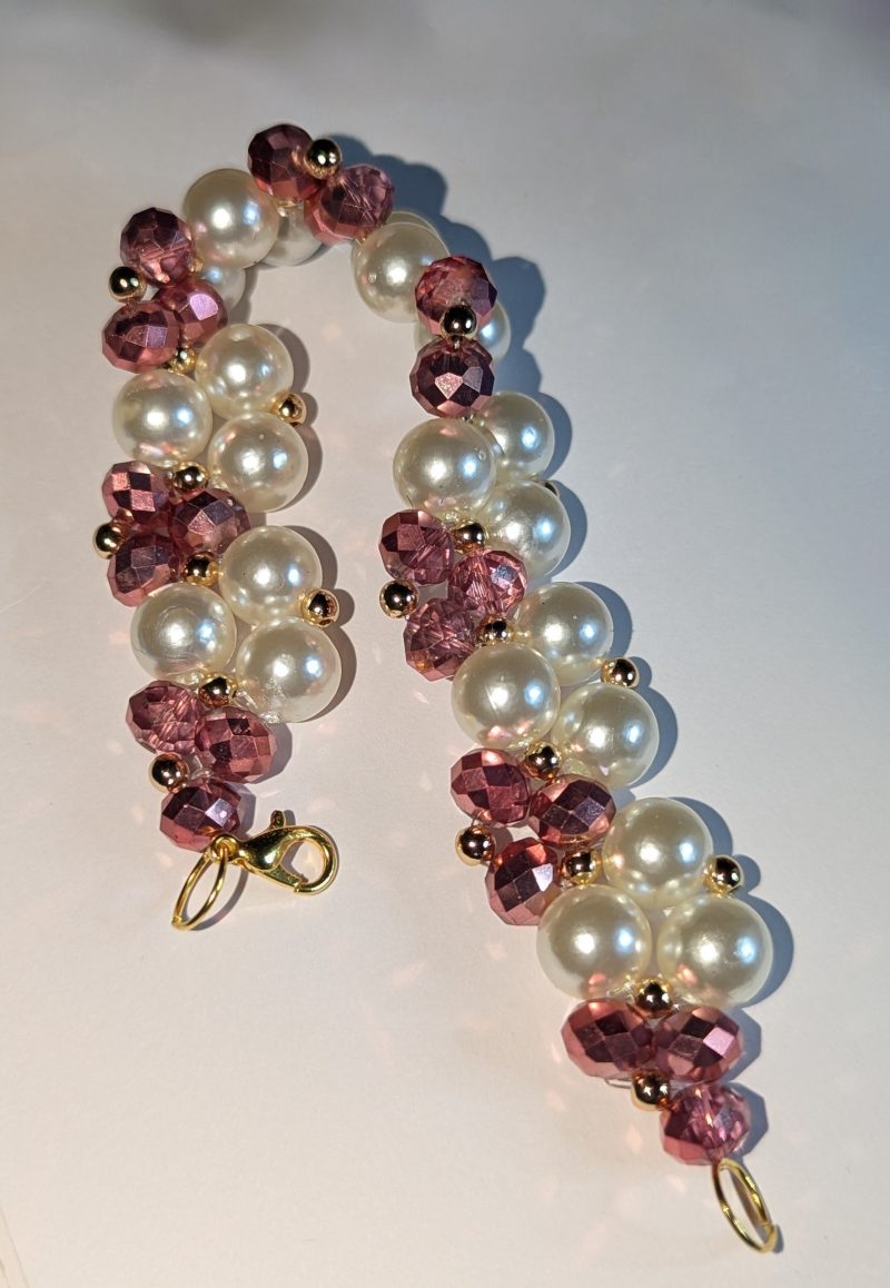 Handmade Blush Pink Crystal & Pearl Cluster Bracelet – Gold Hardware