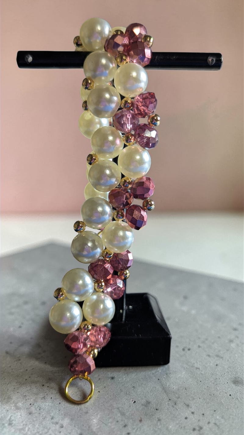 Handmade Blush Pink Crystal & Pearl Cluster Bracelet – Gold Hardware