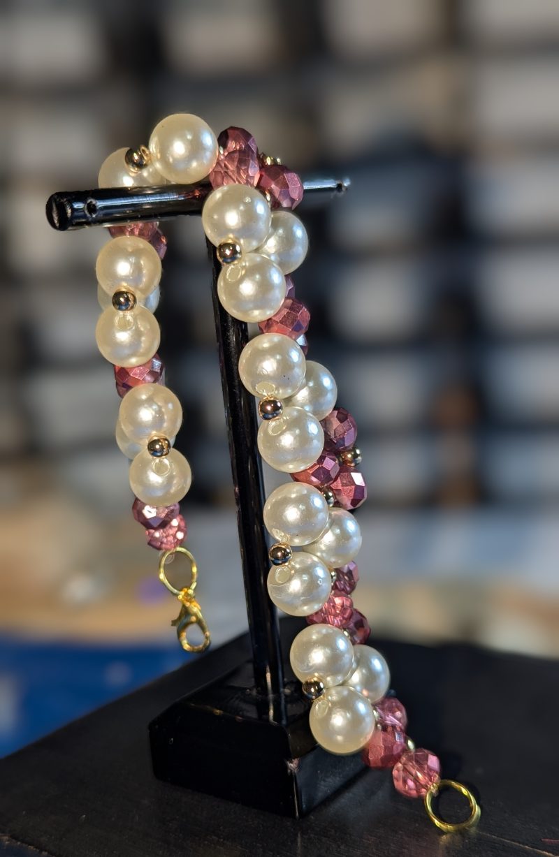 Handmade Blush Pink Crystal & Pearl Cluster Bracelet – Gold Hardware