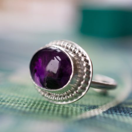 Handmade Adjustable Silver Ring with Amethyst, Vintage Style