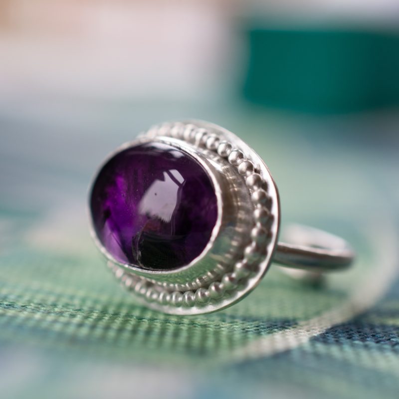 Handmade Adjustable Silver Ring with Amethyst, Vintage Style