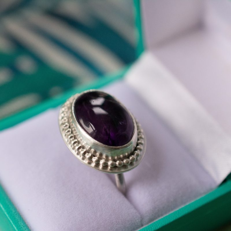 Handmade Adjustable Silver Ring with Amethyst, Vintage Style