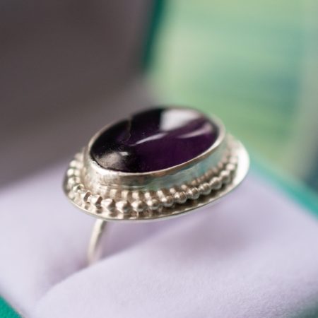 Handmade Adjustable Silver Ring with Amethyst, Vintage Style