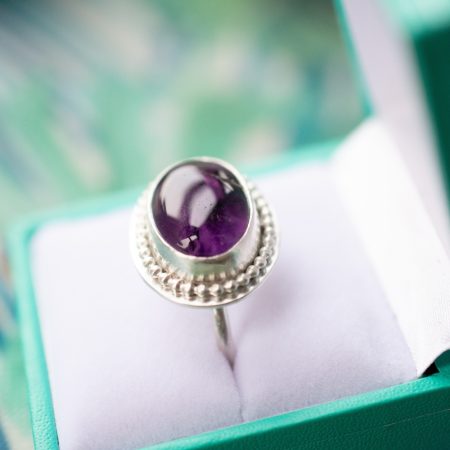 Handmade Adjustable Silver Ring with Amethyst, Vintage Style