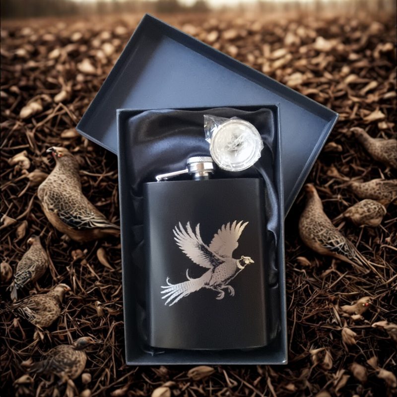 Engraved Black Hip Flask 8oz - Pheasant