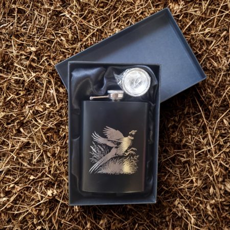 Engraved Black Hip Flask 8oz - Pheasant