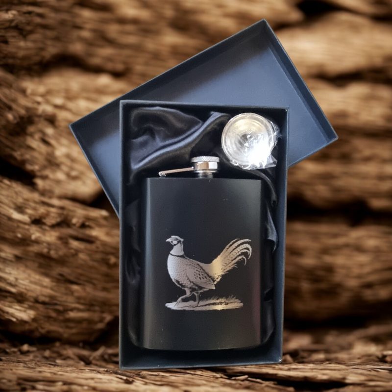 Engraved Black Hip Flask 8oz - Pheasant