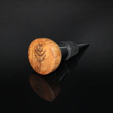 Birch and Chrome Bottle Stopper with engraved thistle (hand drawn)