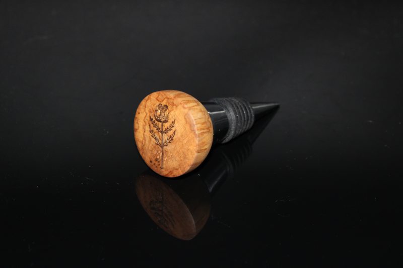 Birch and Chrome Bottle Stopper with engraved thistle (hand drawn)