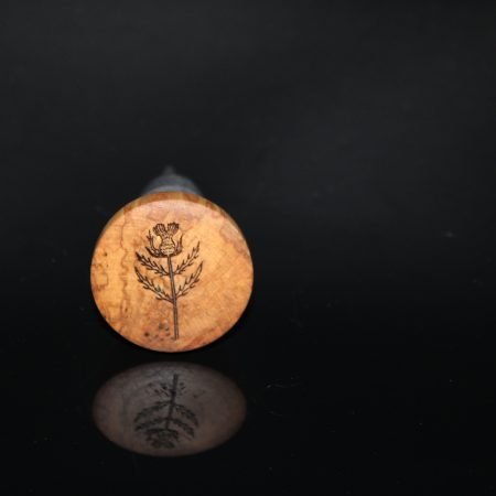 Birch and Chrome Bottle Stopper with engraved thistle (hand drawn)