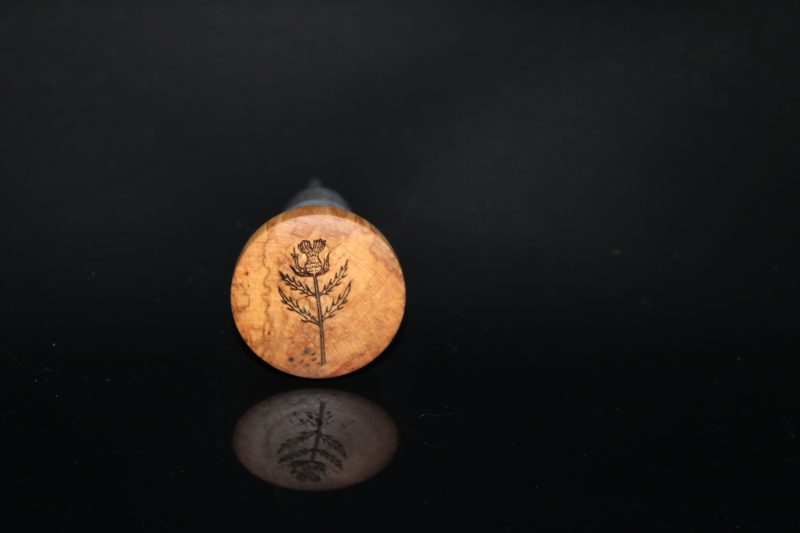 Birch and Chrome Bottle Stopper with engraved thistle (hand drawn)