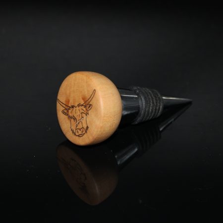 Holly and Chrome Bottle Stopper with engraved Highland Cow (hand drawn)