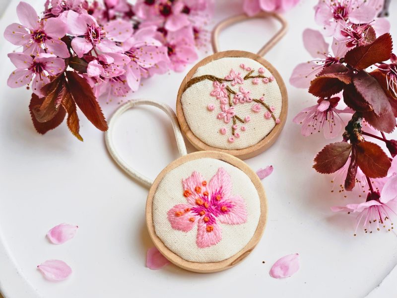 Hand Embroidered Wooden Hair Ties Set of 2 – Floral & Custom Hair Accessories