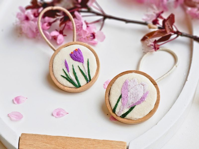 Hand Embroidered Wooden Hair Ties Set of 2 – Floral & Custom Hair Accessories