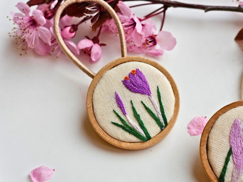 Hand Embroidered Wooden Hair Ties Set of 2 – Floral & Custom Hair Accessories