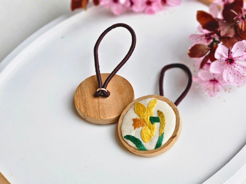 Hand Embroidered Wooden Hair Ties Set of 2 – Floral & Custom Hair Accessories