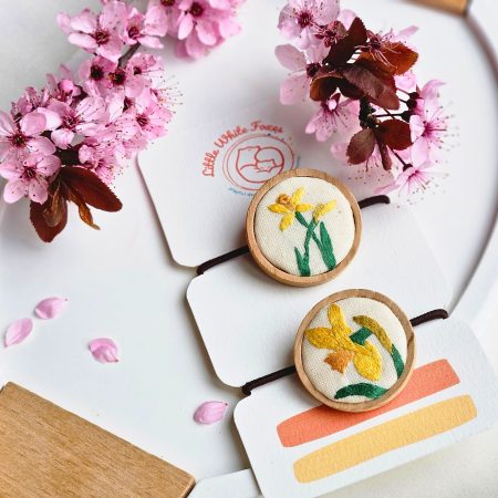 Hand Embroidered Wooden Hair Ties Set of 2 – Floral & Custom Hair Accessories
