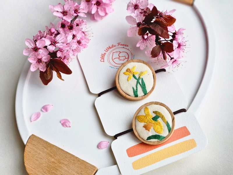 Hand Embroidered Wooden Hair Ties Set of 2 – Floral & Custom Hair Accessories
