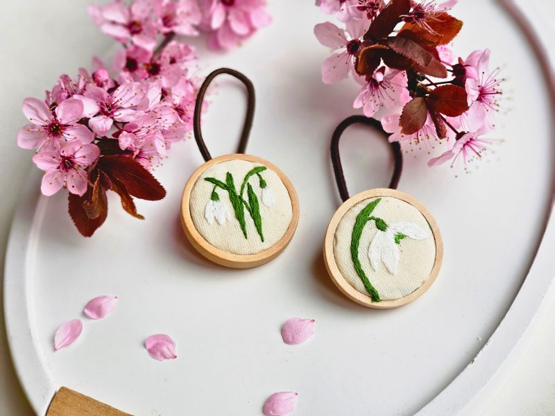 Hand Embroidered Wooden Hair Ties Set of 2 – Floral & Custom Hair Accessories