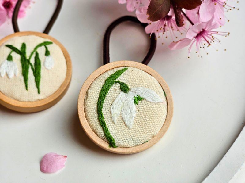 Hand Embroidered Wooden Hair Ties Set of 2 – Floral & Custom Hair Accessories