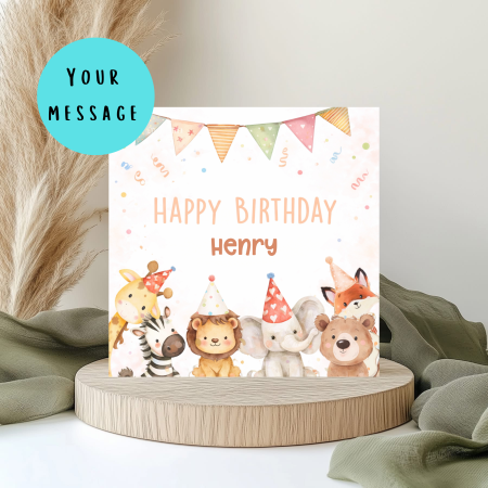 Personalised Jungle Safari Birthday Card for Boys Girls (6x6 Inch)