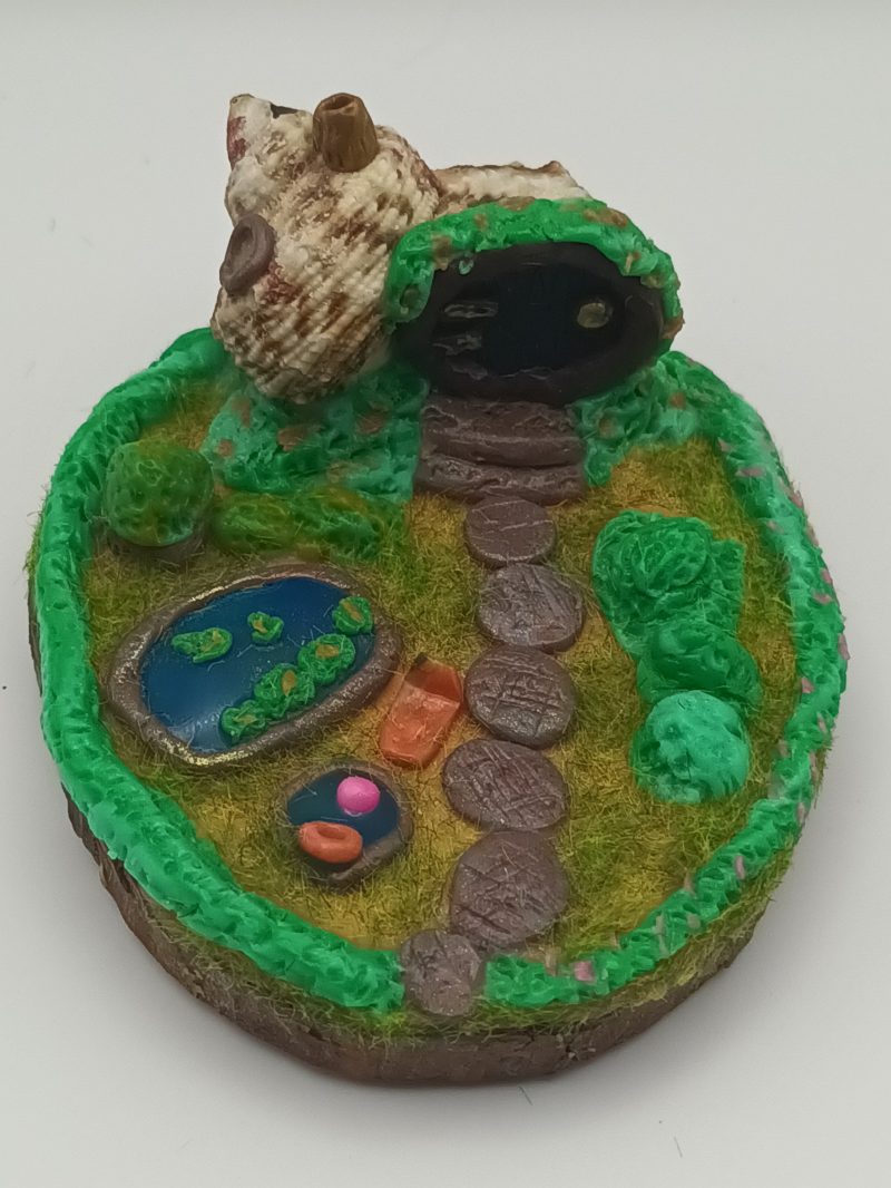 Handmade Polymer Clay Fairy Shell House in Colourful Garden Scene