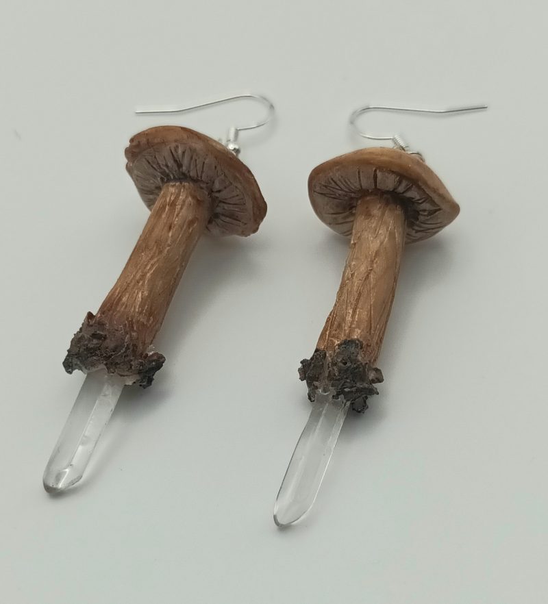 Handmade Polymer Clay Mushroom Earrings with Clear Quartz