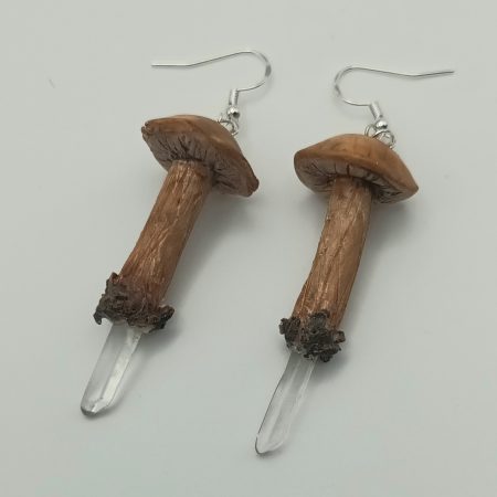 Handmade Polymer Clay Mushroom Earrings with Clear Quartz