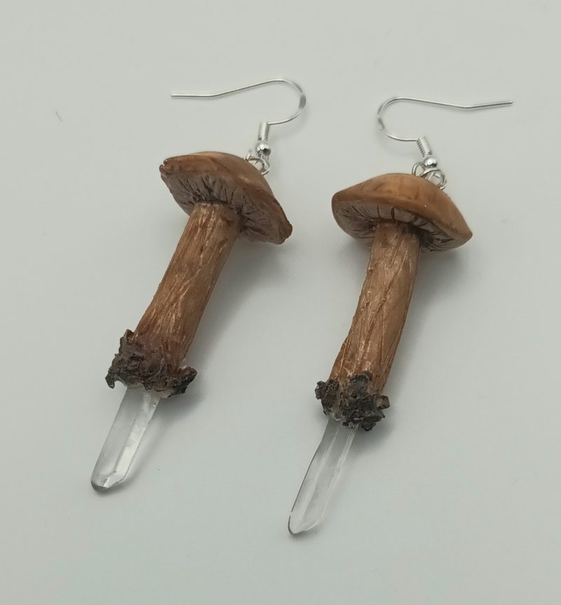 Handmade Polymer Clay Mushroom Earrings with Clear Quartz