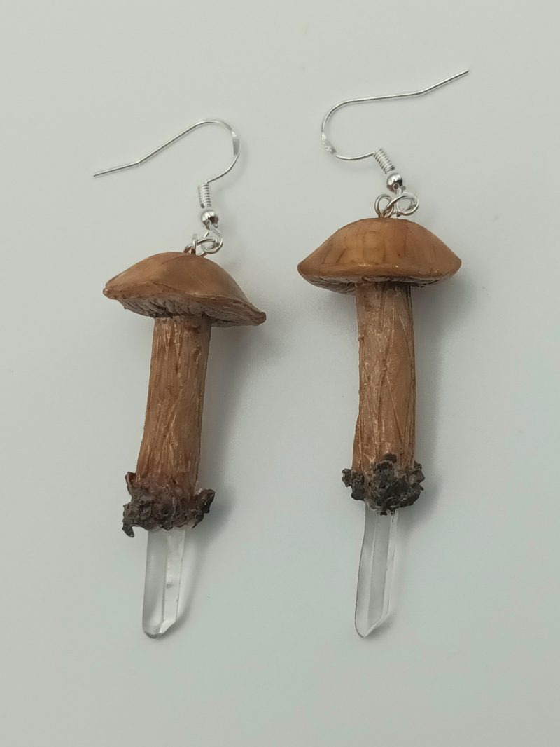 Handmade Polymer Clay Mushroom Earrings with Clear Quartz