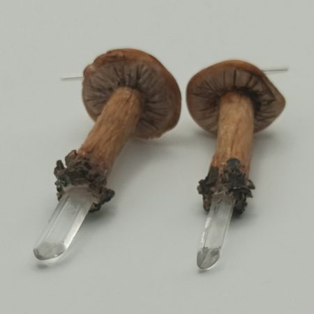Handmade Polymer Clay Mushroom Earrings with Clear Quartz