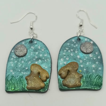 Polymer Clay Moon Gazing Hare Earrings, Lightweight and Durable