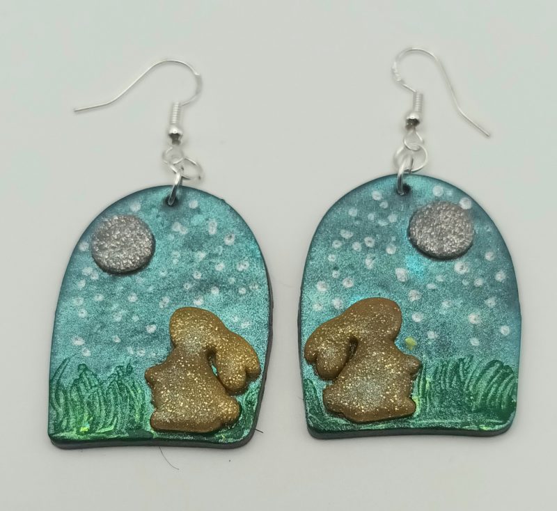 Polymer Clay Moon Gazing Hare Earrings, Lightweight and Durable