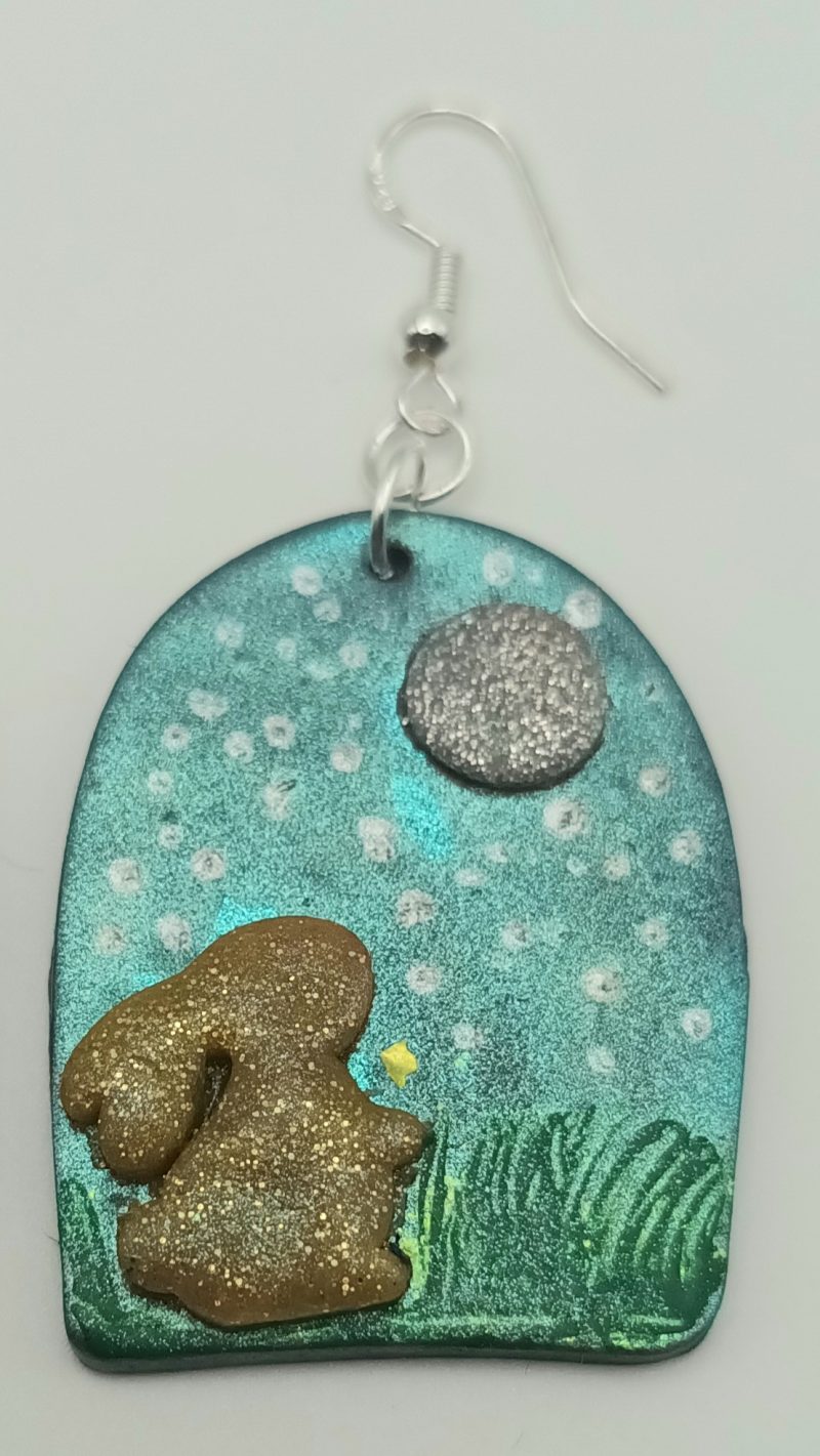 Polymer Clay Moon Gazing Hare Earrings, Lightweight and Durable